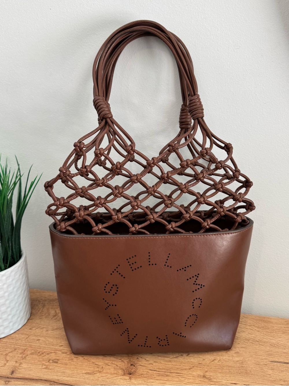 Stella McCartney Logo Tote Brown Vegan Leather Knotted Net Bag Clean Interior